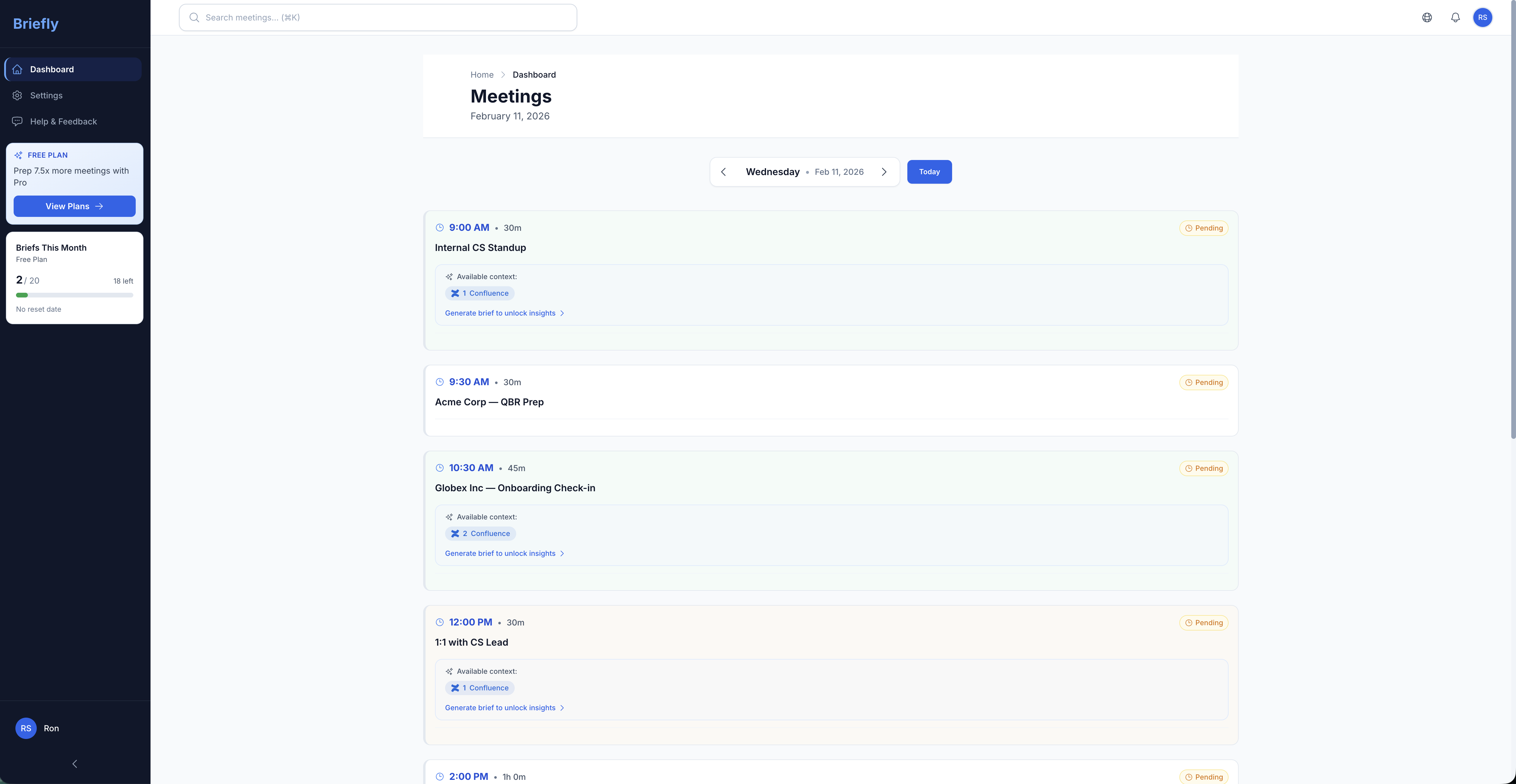 Briefly dashboard showing upcoming meetings with AI-generated briefs and available context from connected tools